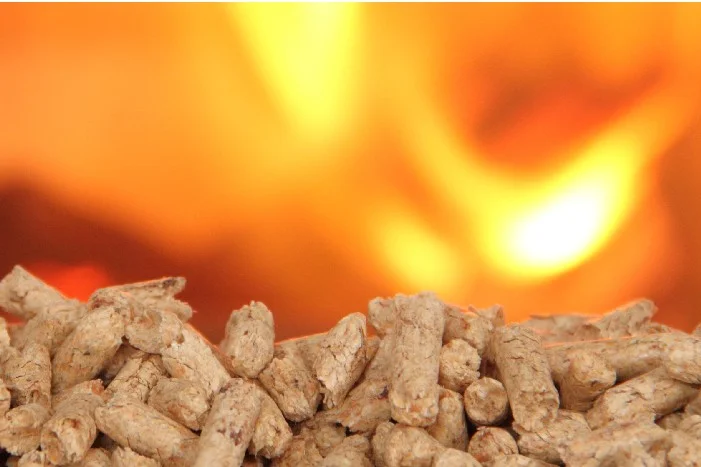 Holzpellets vor verschwommenem Feuerschein